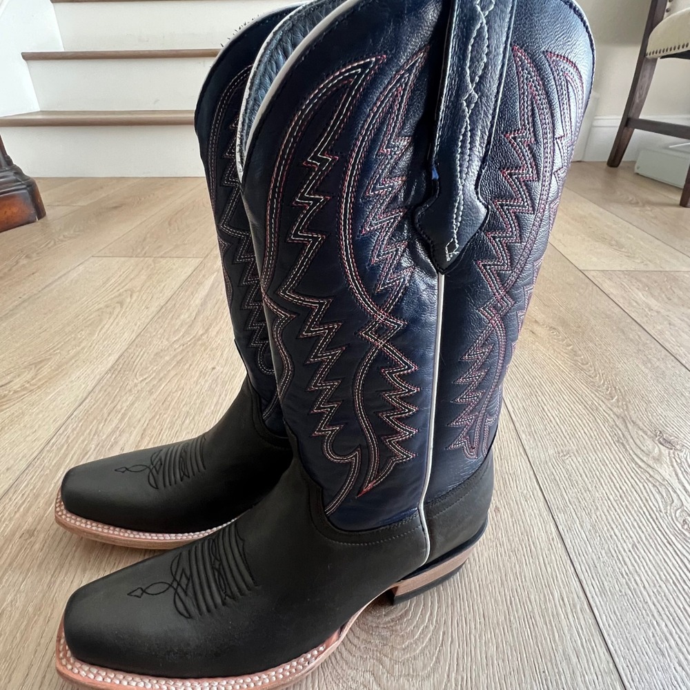 Resistol NWT Square Toe Cowboy Western Leather Boots.Black Navy Blue. Womens 8 B